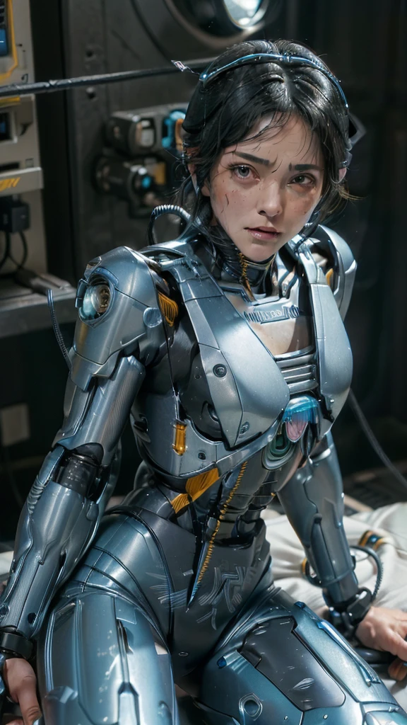 (((masterpiece))), (((Highest quality))), ((Very detailed)), (Very detailed), ((Embarrassing)), ((Kamen Rider)), ((cyan light)) ((Very delicate and beautiful)),(Cute and delicate face),Cinematic Light,((Mature Woman)),alone,whole body,(Machine made joints:1.4),((Mechanical Limbs)),(Blood vessels connected to tubes),((Mechanical vertebrae attached to the back)),((Cervical vertebrae mechanically attached to the neck)),((Sitting)),Sexy Looks,(Wires and cables connecting the head and body:1.5),(Character Focus),SF Black Hair　Sweaty face　cute　wearing a robot suit　Middle-aged women　Lying in bed