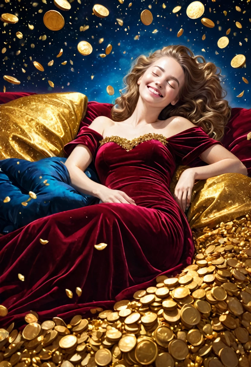 Beautiful woman sleeping on a bed of gold, aristocratic wine red velvet dress, smiling, outer space, shower of gold light, coins falling, blue bird