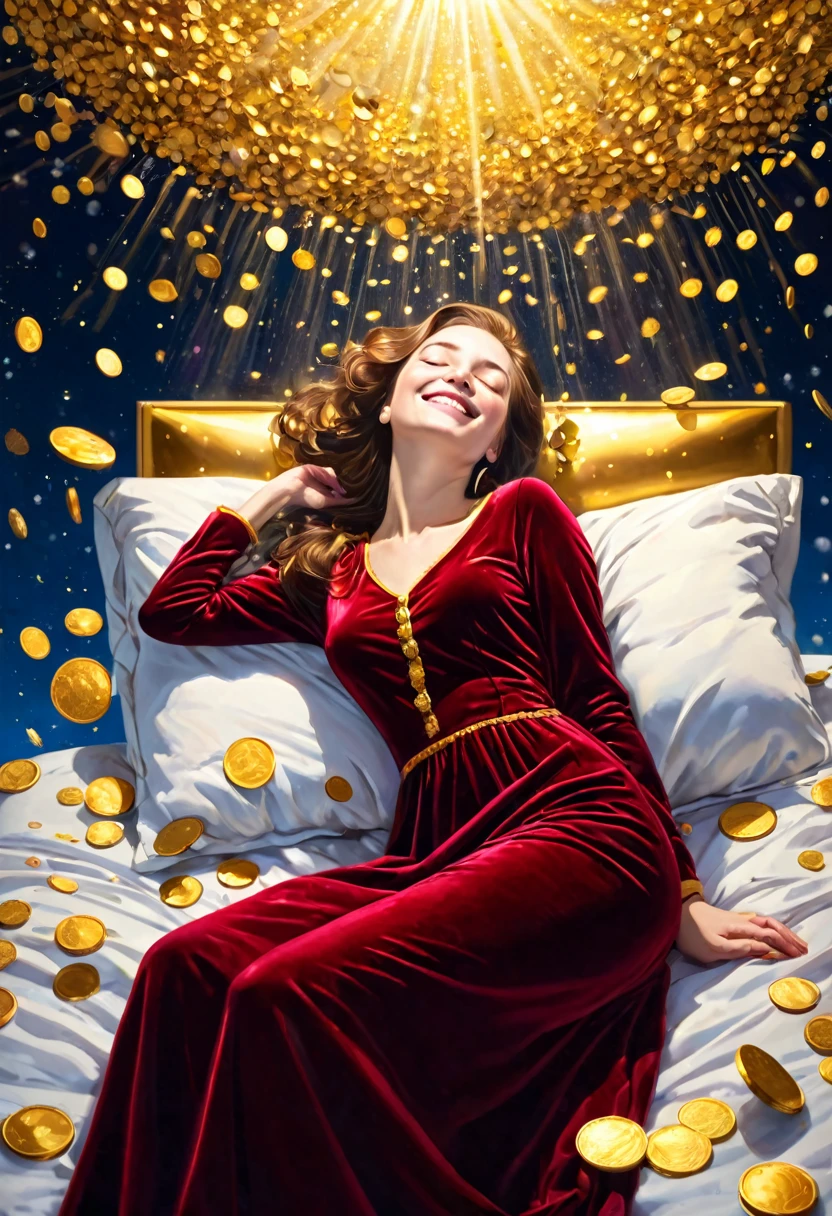 Beautiful woman sleeping on a bed of gold, aristocratic wine red velvet dress, smiling, outer space, shower of gold light, coins falling, blue bird