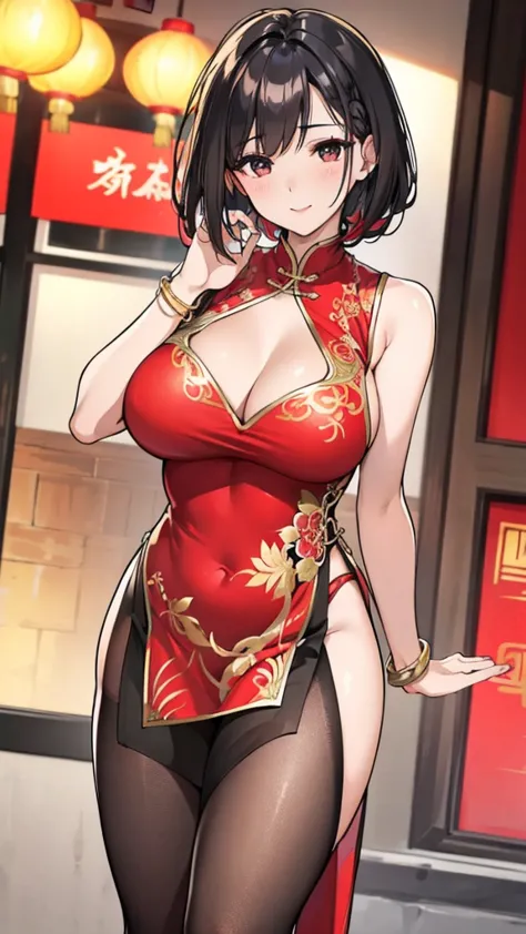 a beautiful woman，Standard red silk cheongsam，side braid，short black hair，Large Breasts，Sexy，Slim body，noble， (gold embroidery t...