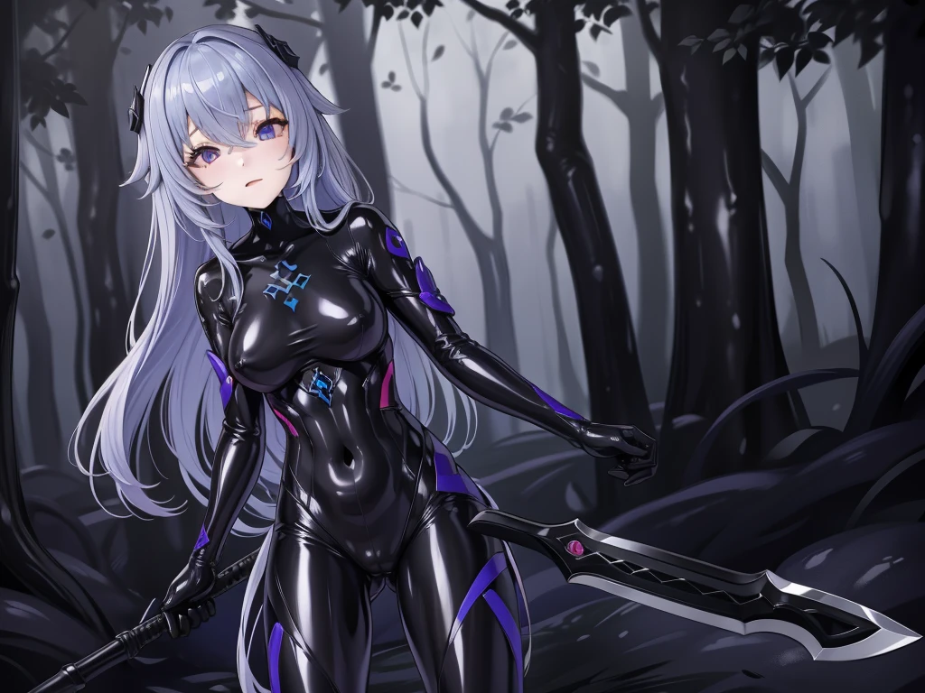 Masterpiece, Beautiful art, professional artist, 8k, art style by sciamano240, Very detailed face, Detailed clothing, detailed fabric, 2 girls, Soul Fullness \(Honkai Impact 3rd\), front view, standing, perfectly drawn body, shy expression, 4k eyes, very detailed eyes, pale skin, beautiful face, short dark blue hair, (shiny black tight bodysuit), black gloves, gloves that cover hands, (holding an ax with the right hand), Sensual Lips , evening de invierno, show details in the eyes, looking at the viewer, Dark road, dark forest, evening, Atmosphere, fog