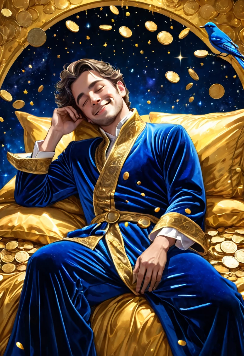 Beautiful handsome man sleeping on a bed of gold, aristocratic royal blue velvet robe, smiling, outer space, shower of gold light, coins falling, blue bird