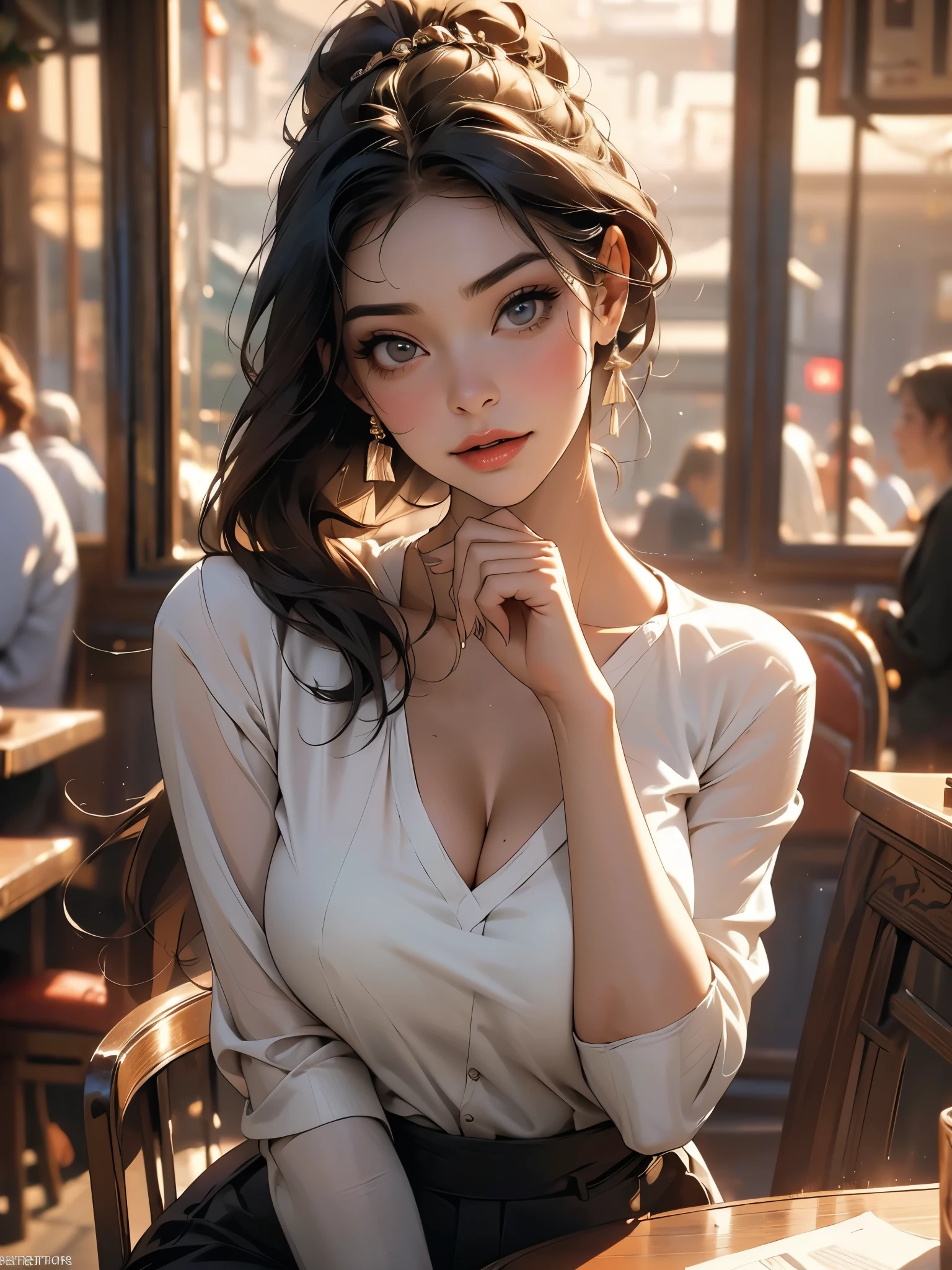 (in perspective) a beautiful sexy brunette woman, perfect 23 year old secretary, straight hair and ponytail, white, oily, silky skin (moist) fleshy lips, (photorealisitic:photorealisitic, Masterpiece 8k), big breasts wearing a tight white shirt (emphasis on breasts), sitting at a table in a restaurant holding a cup of coffee (hyperrealisitic: realisitic, environment with intricate details),  with a sensual line on her face: (texture and environment professional photography pure perfect lighting).