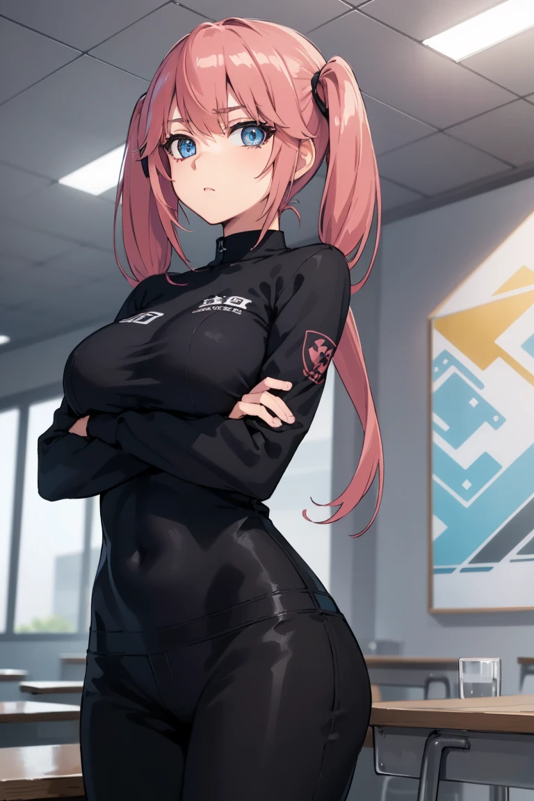 Airisakura, airi Sakura, blue colored eyes, cups, long hair, pink  hair, (twintails baixos:1.5),
break cups, へそ, へそ cutout, tight clothing,
break looking at viewer, whole body, (cowboy shot:1.5),crossed arms,Jumpy, ass pov, 
break indoors, class room,
break (work of art:1.2), best qualityer, high resolution, unity wallpaper 8k, (illustration:0.8), (beautiful detailed eyes:1.6), extreme detailed face, perfect lighting, extremely detailed CG, (perfect hands, Perfect Anatomia),