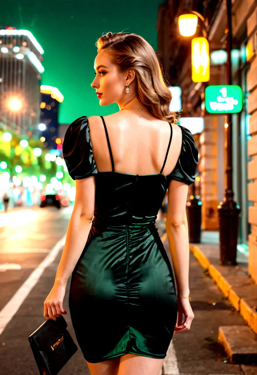 (1 young woman in her 20s), (back view of a beautiful woman walking down the sidewalk wearing a tight black dress: 1.2, slim wai...