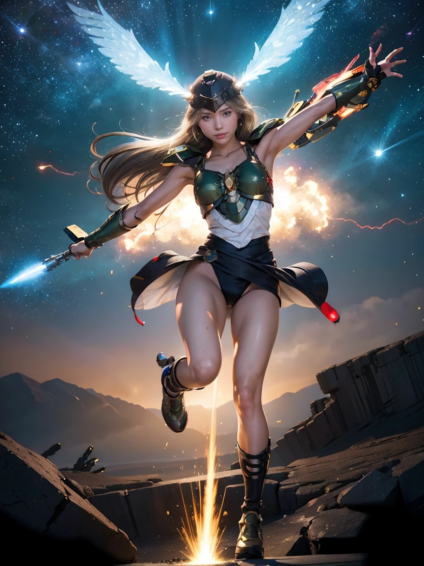 Textured skin, Super detailed, Attention to detail, high quality, 最high quality, High resolution, 1080P, beautiful,(cyborg)、Valkyrie、Micro Missile Pod,Machine gun on the back,beautifulcyborg女性,メカcyborg少女,Battle Mode,Bursting with energy、Meteors、Energy Helmet、((Photograph the whole body、Action pose))