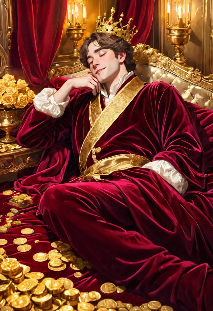 close-up, A beautiful man sleeping on a gold bed, an aristocratic burgundy velvet robe, a crown, a smile, a soft canopy, piles of gold bullion and wads,, a shower of gold light, coins falling, a gorgeous room in a palace, roses,