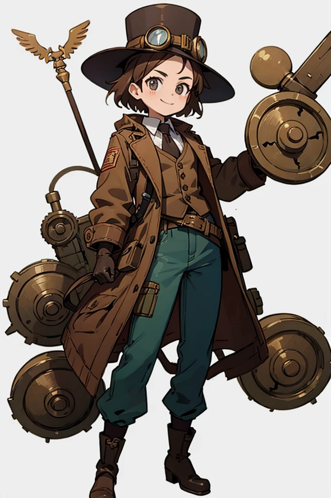 1.steampunk,,óculos de proteção na testa,tem,um sorriso falso,luvas,todo o corpo,botas,calça,fundo branco, mulher