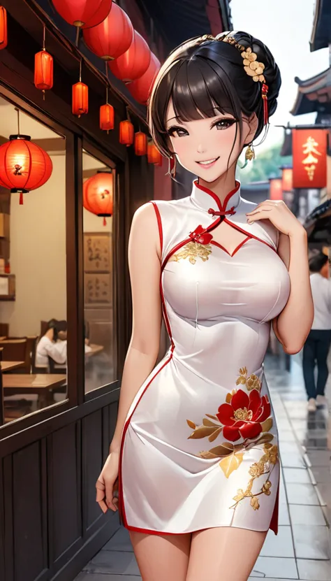 a beautiful woman, city,( silk cheongsam), (flower chignon), (gold embroidery thread), (slik), outdoor chinese restaurant, open ...