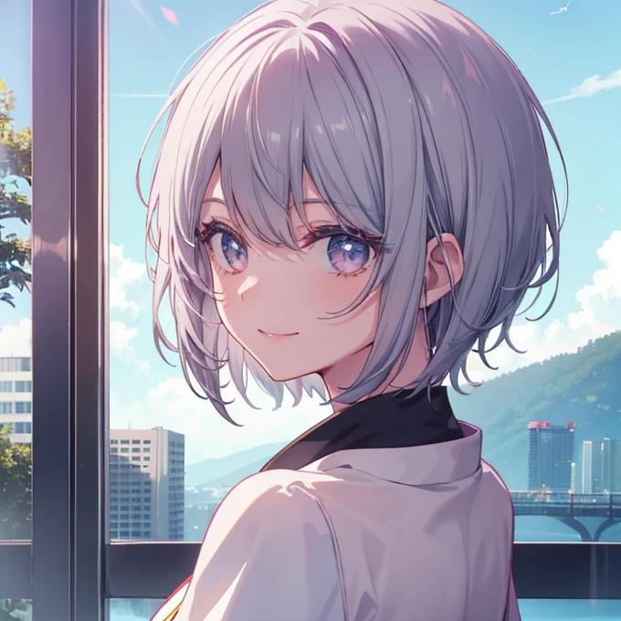 (Gray Hair　short hair　Beautiful girl posing)，(smile)，　 Shining Edges