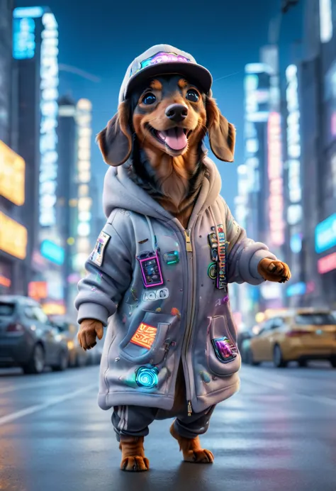 a fluffy miniature dachshund dressed in urban clothing、silver dapple pattern、long coat、big eyes、laughing with mouth open and ton...