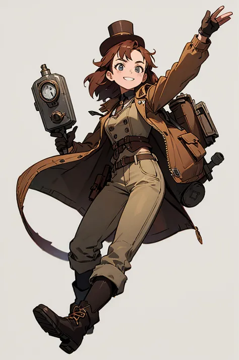 1.steampunk,15 years old,goggles on the forehead,hat,a fake smile,gloves,whole body,boots,pants,white background, woman