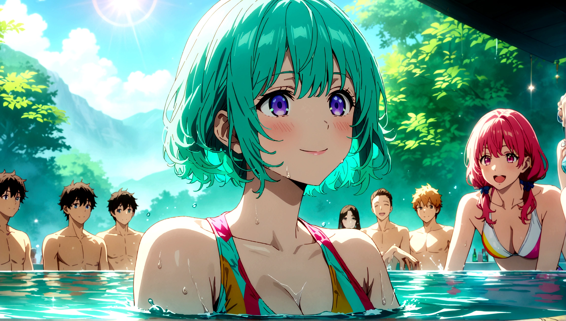 a group of boys and girls cheers at a poolside party, jog of juice, glass of cocktail, smile, long eyelashes, colorful swimsuits, splashing water, vibrant colors, warm sunlight, reflections in water, lush greenery, (best quality,4k,8k,highres,masterpiece:1.2),ultra-detailed,portraits,vivid colors,HDR,studio lighting,anime screencap,