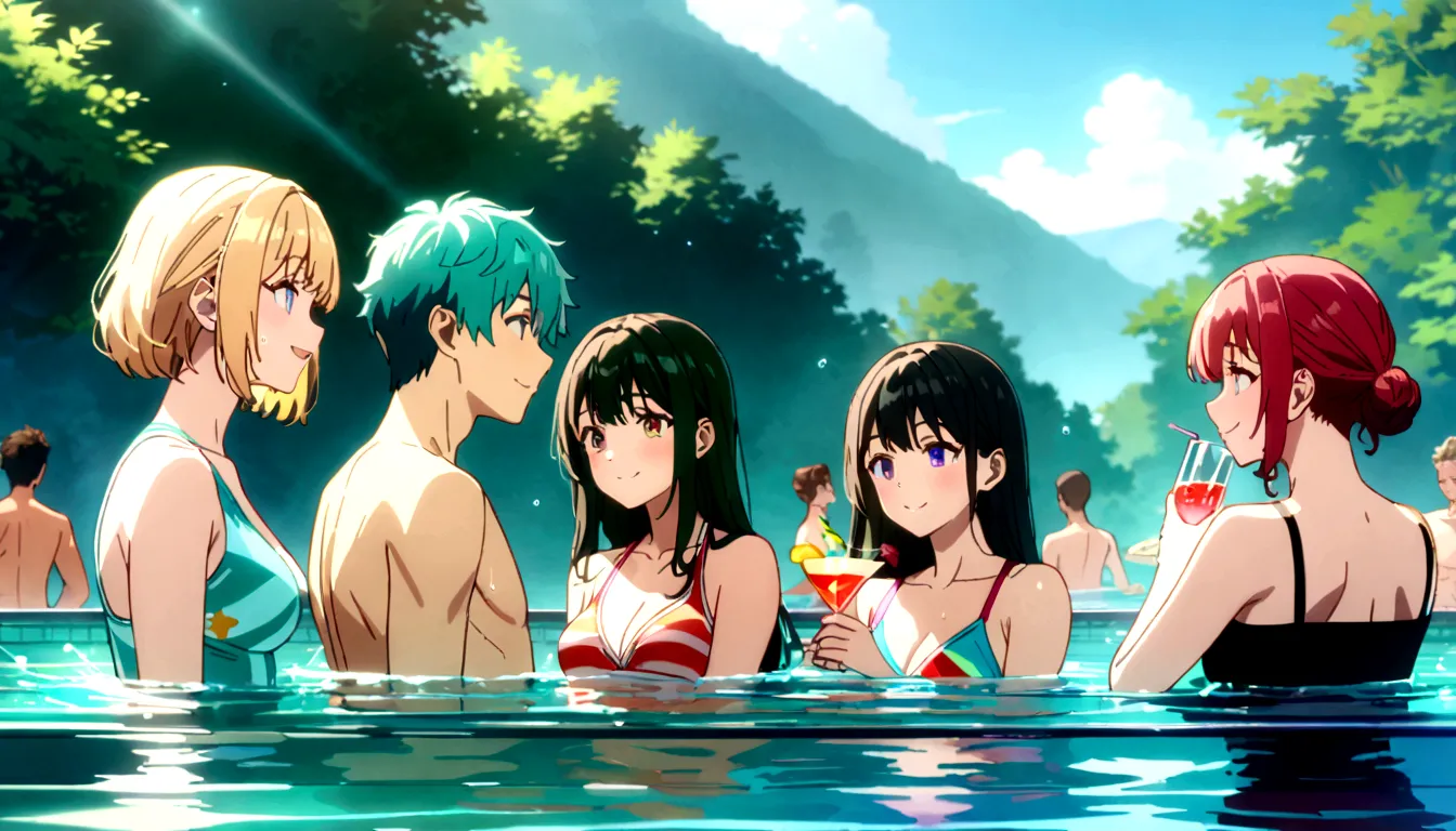 a group of boys and girls cheers at a poolside party, jog of juice, glass of cocktail, smile, long eyelashes, colorful swimsuits...