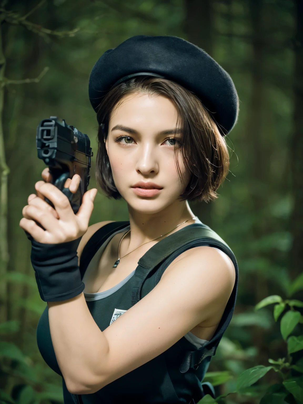 (highest quality:1.2, masterpiece), 8K, Professional Lighting, Cinematic Lighting, RAW Photos, Ultra-realistic photos, hyper detailed portrait, 1girl, Jill Valentine of RE1 series, a character of ‘resident evil’, (black hair, bob short), (beret, short sleeve shirt, gun belt, shoulder pad, fingerless gloves, long pants, boots), ((ultra huge breasts, ultra huge cleavages, ultra huge , ultra huge boob)), slim waist, perfect slim body, detailed face, detailed eyes, fine eyes, ((ultra realistic exterior of deep spooky forest, ultra detailed exterior of deep spooky forest, vines, climbing ivy, dark atmosphere, gloomy forest, realistic fog, detailed mist)), (((night time, mid night forest view))), (((ultra realistic gesture of aiming pistol to viewer, ultra detailed motion of aiming pistol to viewer))), 