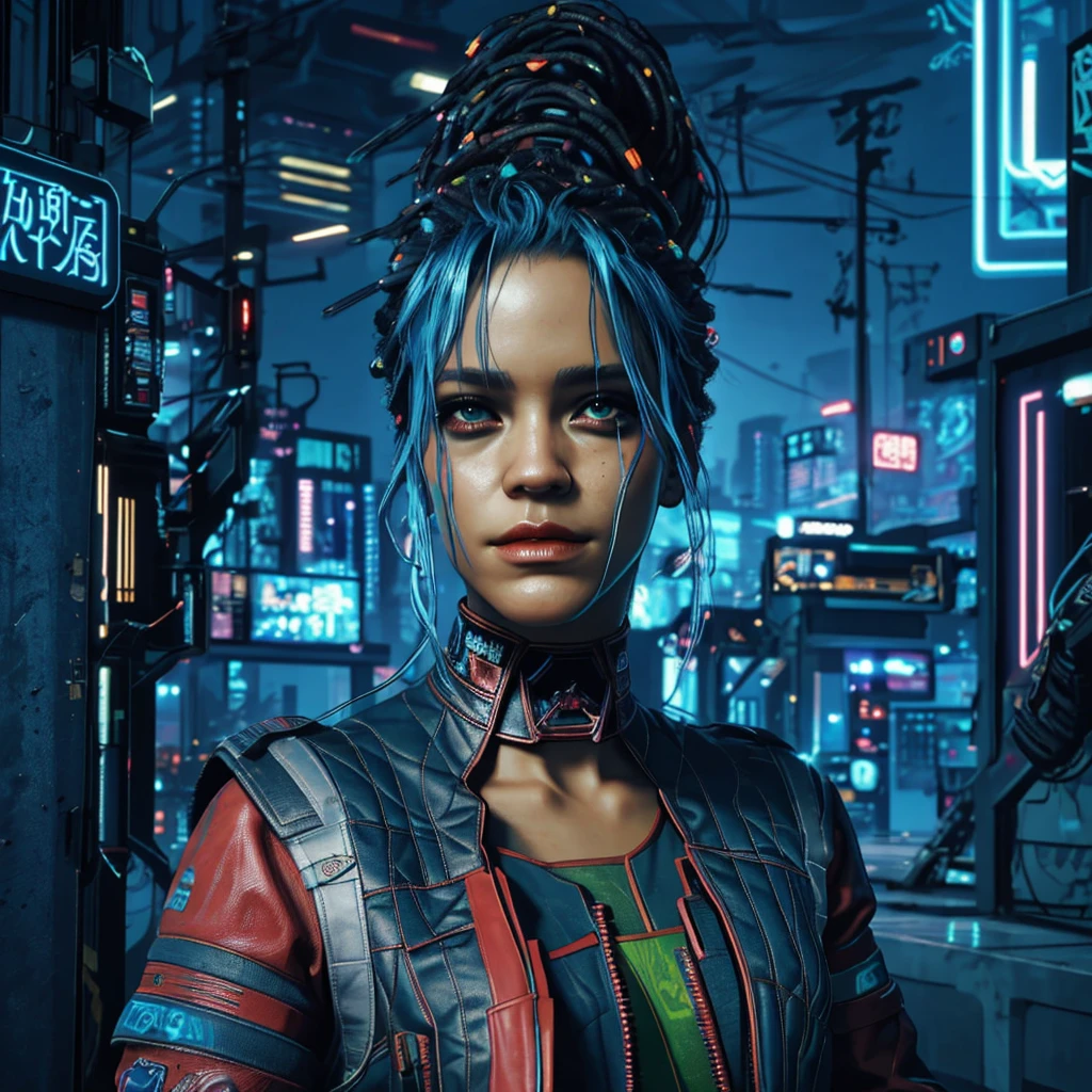 there is a woman with blue hair and a jacket, hyper-realistic cyberpunk style, realistic art style, Retrato ciberpunk, 🤤 portrait of , cyberpunk artstyle, cyberpunk anime digital art, Retrato de RossDraws, garota cyberpunk sonhadora, the cyberpunk portrait of , portrait of cg society, cyberpunk style ， hyper realist, realism art style, photorealistic art style, rossdraws pastel vibrante, smiling, 