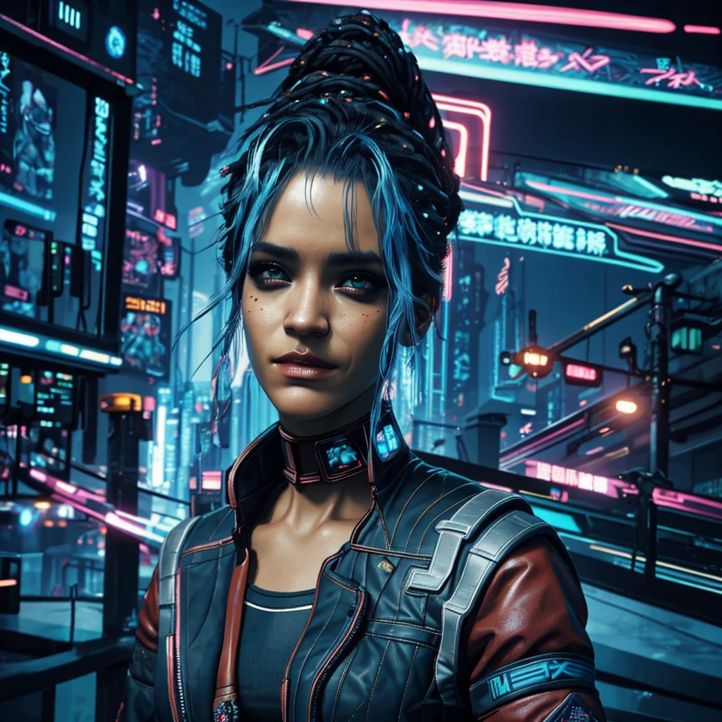 there is a woman with blue hair and a jacket, hyper-realistic cyberpunk style, realistic art style, Retrato ciberpunk, 🤤 portrait of , cyberpunk artstyle, cyberpunk anime digital art, Retrato de RossDraws, garota cyberpunk sonhadora, the cyberpunk portrait of , portrait of cg society, cyberpunk style ， hyper realist, realism art style, photorealistic art style, rossdraws pastel vibrante, smiling, 