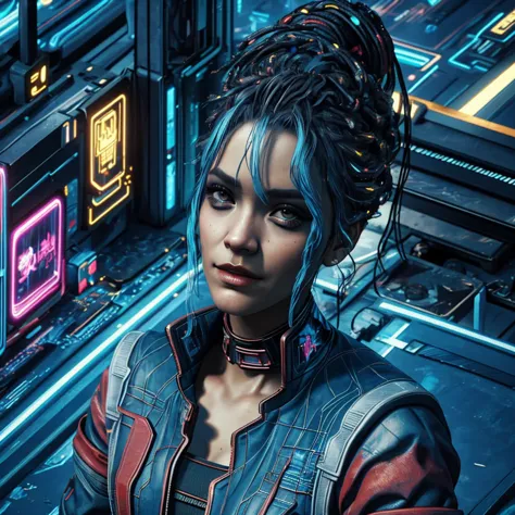 there is a woman with blue hair and a jacket, hyper-realistic cyberpunk style, realistic art style, retrato ciberpunk, 🤤 portrai...