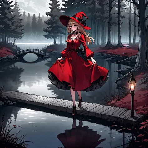 a beautiful young witch，wearing a red dress（european medieval style，gothic style），walking alone in the woods，there is a lake nex...