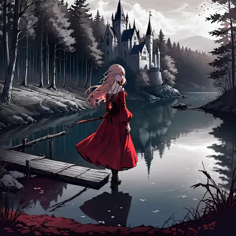 a beautiful young witch，wearing a red dress（european medieval style，gothic style），walking alone in the woods，there is a lake nex...