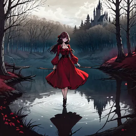 A beautiful young witch，Wearing a red dress（European medieval style，Gothic style），Walking alone in the woods，There is a lake nex...