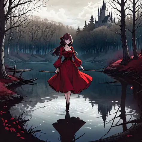 a beautiful young witch，wearing a red dress（european medieval style，gothic style），walking alone in the woods，there is a lake nex...