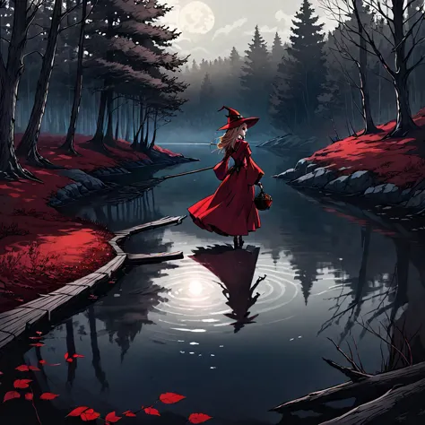 a beautiful young witch，wearing a red dress（european medieval style，gothic style），walking alone in the woods，there is a lake nex...