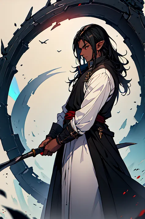 mature man, long black hair, dark skinned, elf, battle mage outfit, black scythe