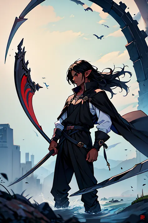 mature man, long black hair, dark skinned, elf, battle mage outfit, black scythe