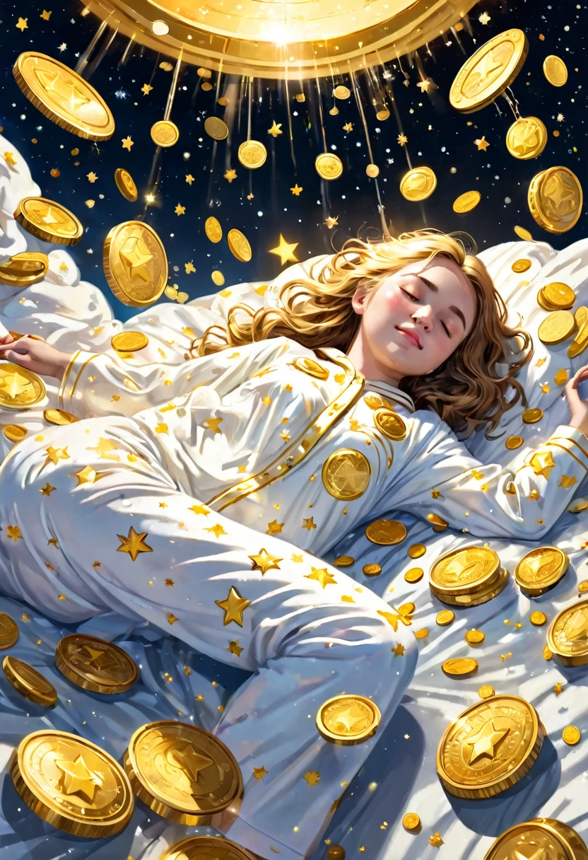 A girl sleeping in outer space, wearing white soft luxury pajamas, a dream, surrounded coins, a shower of gold light, a lot of money, a lot of coins dancing, a golden star