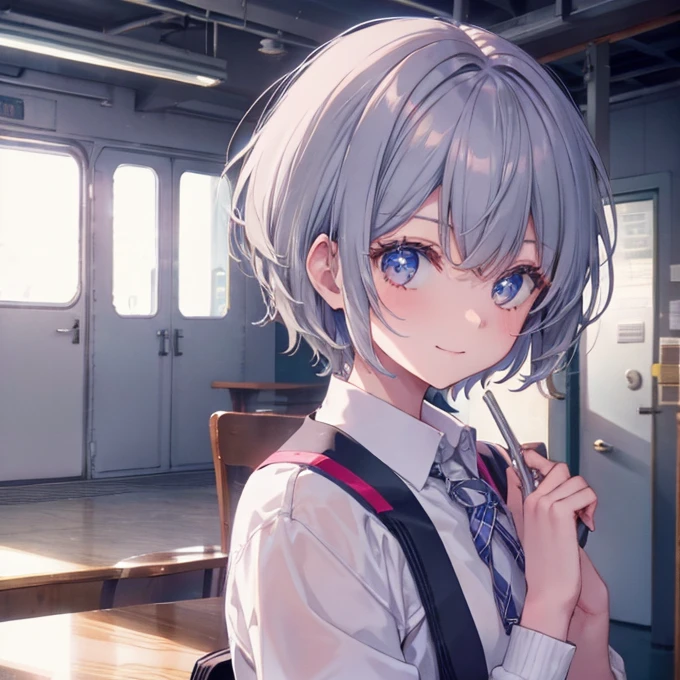 (Gray Hair　short hair　Beautiful girl high school student )，(smile)，　 Shining Edges