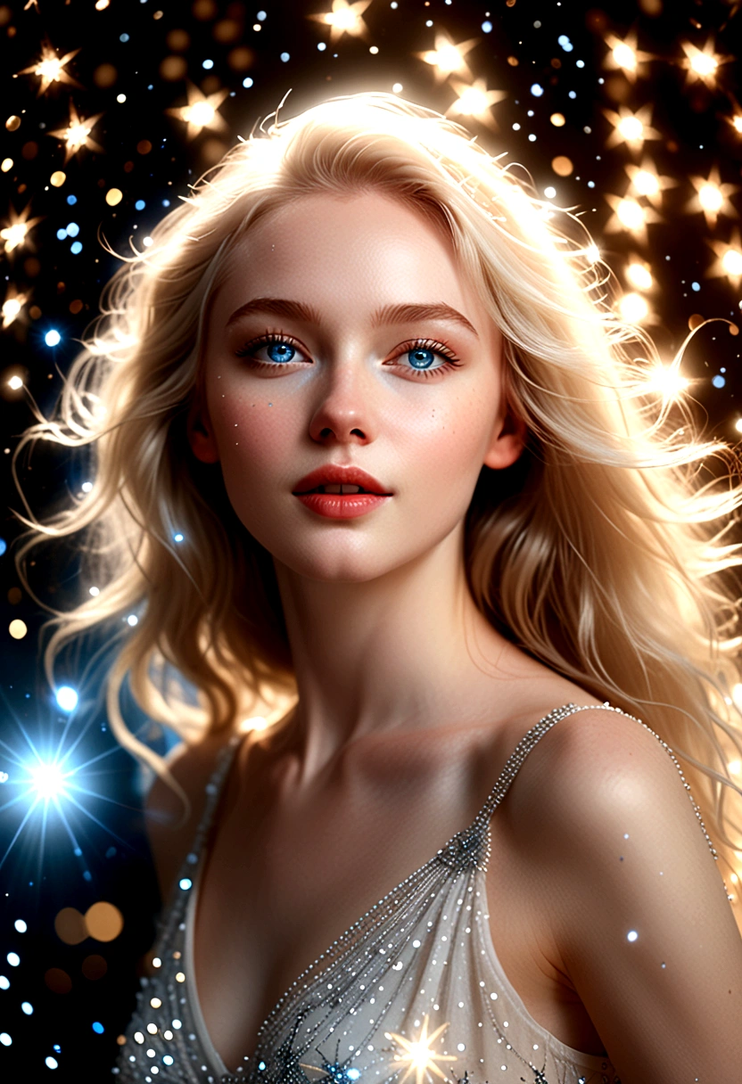 A woman with pale skin and an angelic face with blue eyes dances with a dreamy expression as if she is in a dream among the shining stars. Camera angle capturing the upper body above the hips, clear resolution, cinematic lighting, Clear picture quality, realistic atmosphere, bright themes, Soft lighting, surreal vibe,