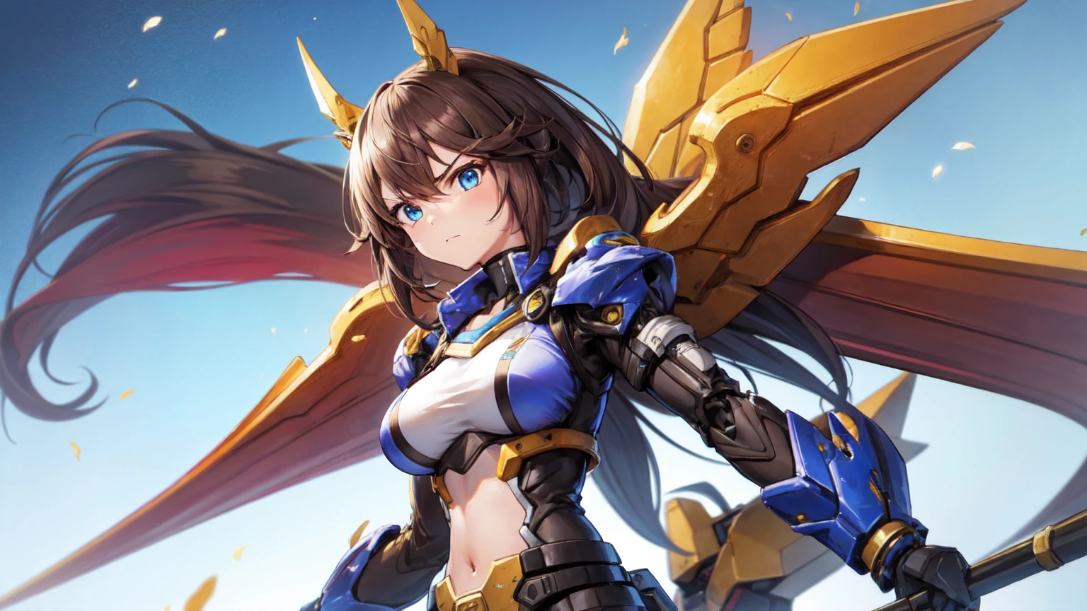 1girl, Tokai Teio, big breast, mecha musume, mechanical wing, serious face,