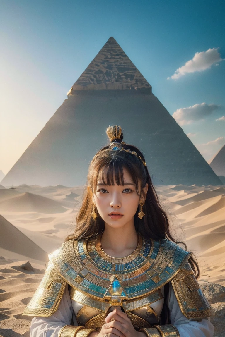 ((Highest quality、8k、masterpiece:1.3))、Photorealistic, Sharp focus, high resolution, High resolution, Portraiture, one person, woman, beautiful woman, sexly、Egyptian woman warrior walking in ancient egypt、Complex technology, Pyramids and ancient Egyptian cities far away、cyber-、Light and shadow、Cyan Light、