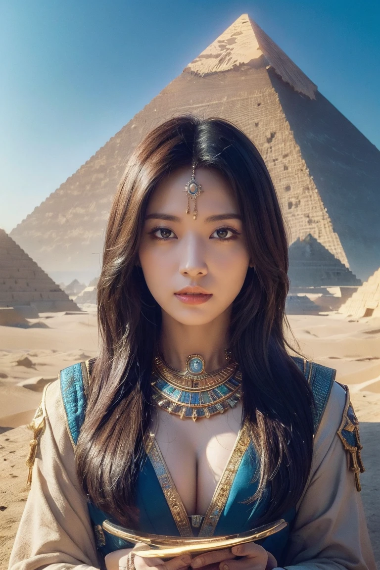 ((Highest quality、8k、masterpiece:1.3))、Photorealistic, Sharp focus, high resolution, High resolution, Portraiture, one person, woman, beautiful woman, sexly、Egyptian woman warrior walking in ancient egypt、Complex technology, Pyramids and ancient Egyptian cities far away、cyber-、Light and shadow、Cyan Light、