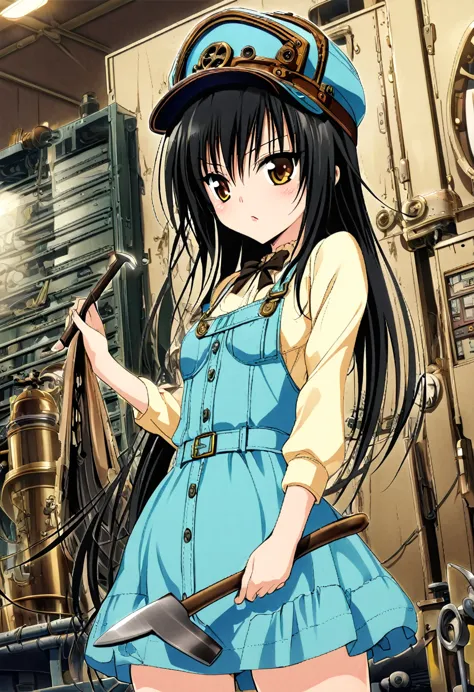 one girl, kotegawa yui, to love-ru,perfect body,black hair, long hair, brown eyes,cap,dress,longsleeve,holding a tool,maintenanc...