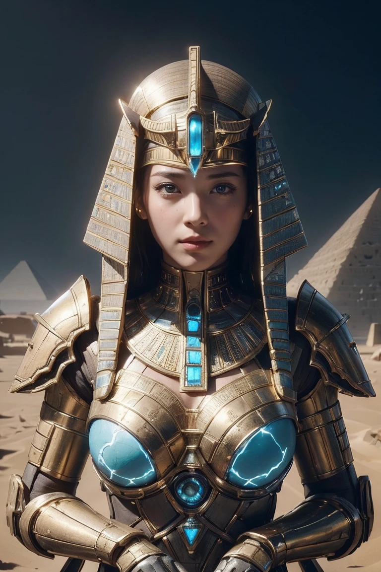 ((Highest quality、8k、masterpiece:1.3))、Photorealistic, Sharp focus, high resolution, High resolution, Portraiture, one person, woman, beautiful woman, sexly、Egyptian woman warrior walking in ancient egypt、Complex technology, Pyramids and ancient Egyptian cities far away、cyber-、Light and shadow、Cyan Light、