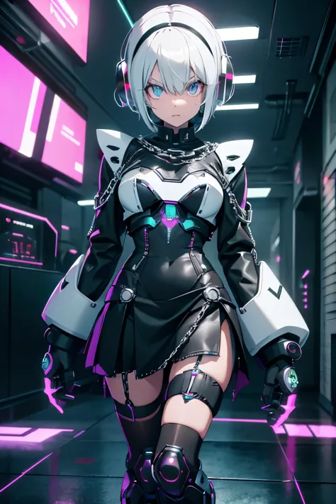 android girl,white hair,short and messy hair, purple neon eyes, holding a chain whip,chains on the hands,chains action, very cut...