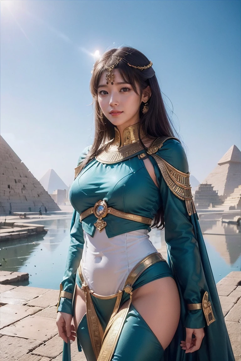 ((Highest quality、8k、masterpiece:1.3))、Photorealistic, Sharp focus, high resolution, High resolution, Portraiture, one person, woman, beautiful woman, sexly、Egyptian woman warrior walking in ancient egypt、Complex technology, Pyramids and ancient Egyptian cities far away、cyber-、Light and shadow、Cyan Light、