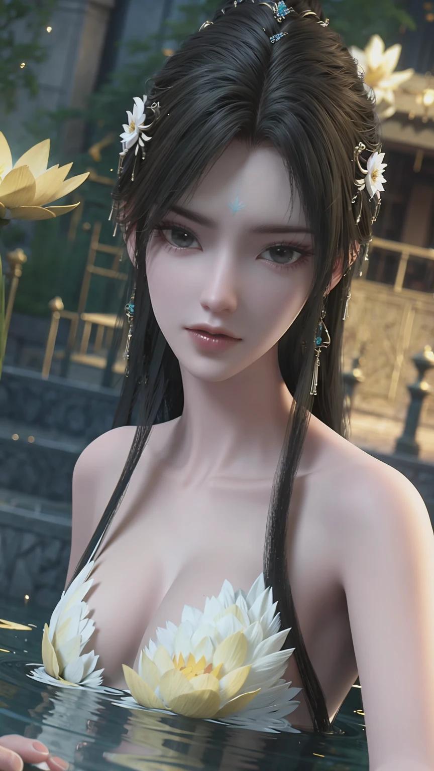 a beautiful young woman bathing in a serene lake, water up to her shoulders, her hands covering her chest, golden glowing lotus flowers floating on the surface, soft lighting, intimate and sensual mood, highly detailed, cinematic composition, realistic, photorealistic