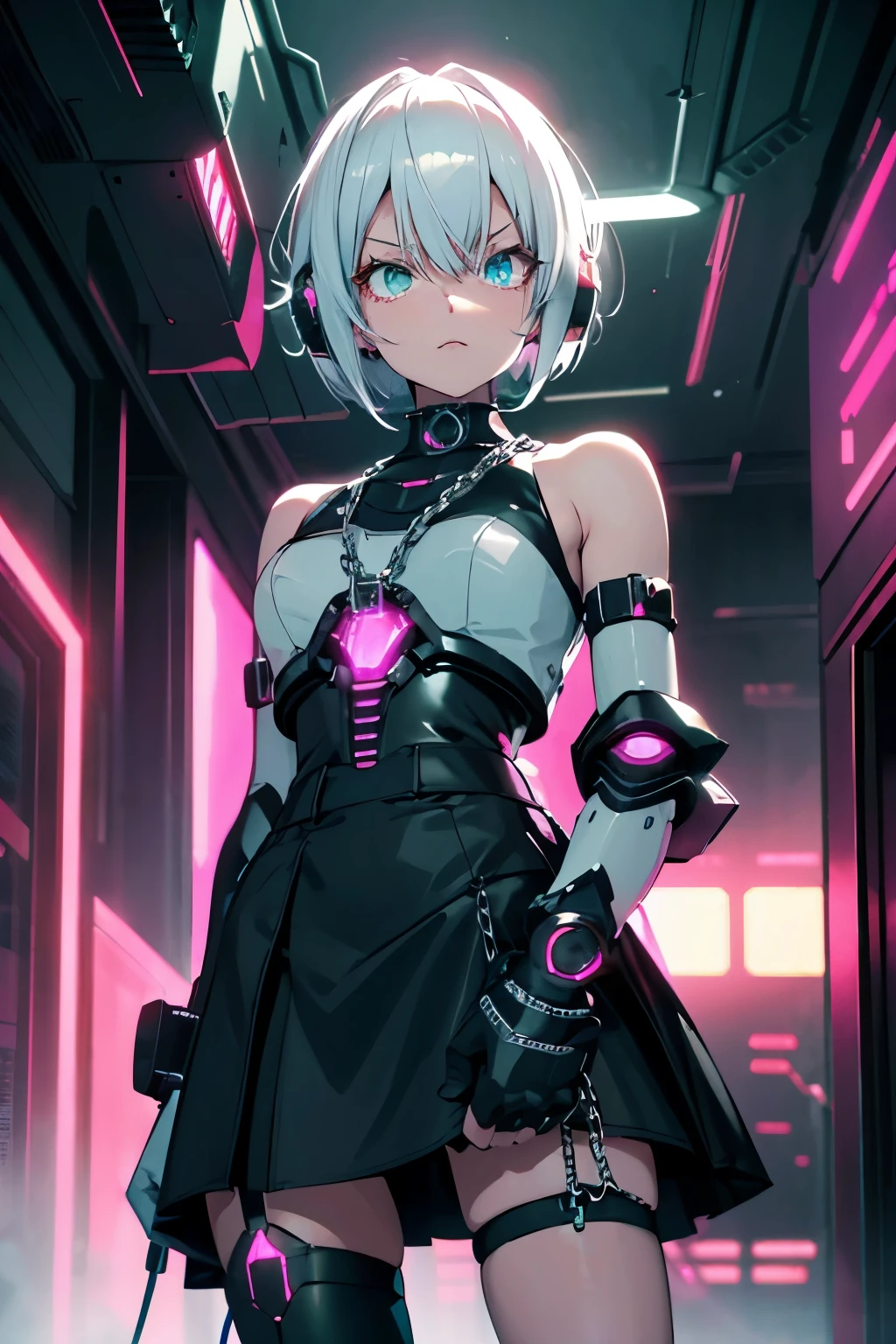 Android Girl,white hair,short and messy hair, purple neon eyes, Holding a chain whip,chains on the hands,chains action, chains around her arm, very cute, skirt, white blouse, cyberpunk style, eletronic gloves, mecanic parts, eletronic details,living room background.HD lighting and dark )(epic image quality) dark atmosphere with bright particle light(many effects in background), dinamic shot, robot, neon tweaks, cyberpunk theme