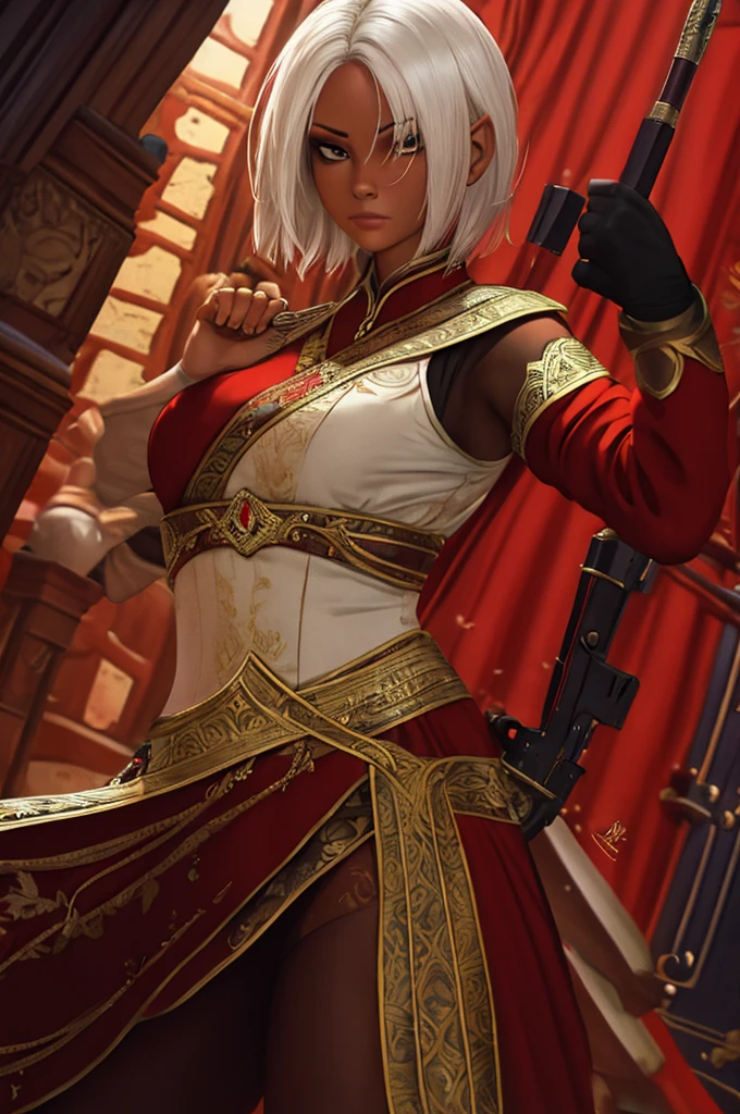 Mature woman, short white hair, red skinned, elf, assassin outfit, action pose