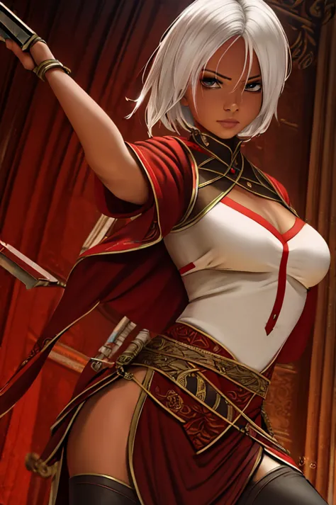 Mature woman, short white hair, red skinned, elf, assassin outfit, action pose