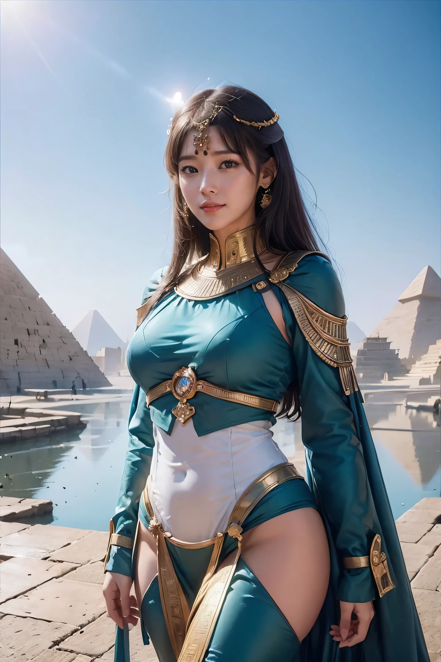 ((высшее качество、8К、шедевр:1.3))、Фотореалистичный, Острый фокус, Высокое разрешение, Высокое разрешение, Портретная живопись, один человек, женщина, beautiful женщина, сексуально、Egyptian женщина warrior walking in ancient egypt、Сложная технология, Пирамиды и древние египетские города далеко、кибер-、Свет и тень、голубой свет、