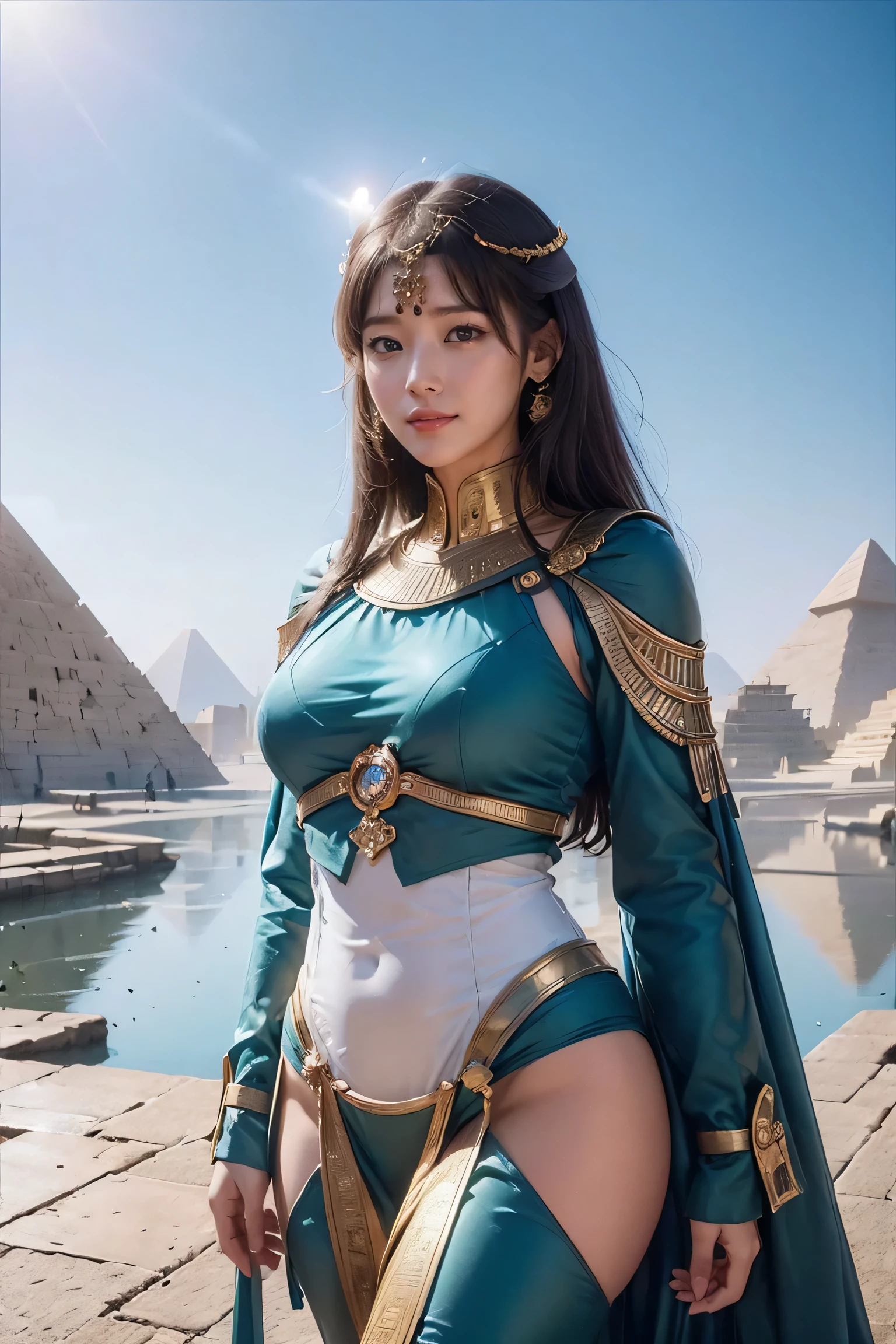 ((mais alta qualidade、8K、obra de arte:1.3))、fotorrealista, foco nitído, Alta resolução, Alta resolução, Retrato, uma pessoa, mulher, beautiful mulher, sexualmente、Egyptian mulher warrior walking in ancient egypt、Tecnologia complexa, Pirâmides e antigas cidades egípcias distantes、ciber-、Luz e sombra、Luz Ciana、