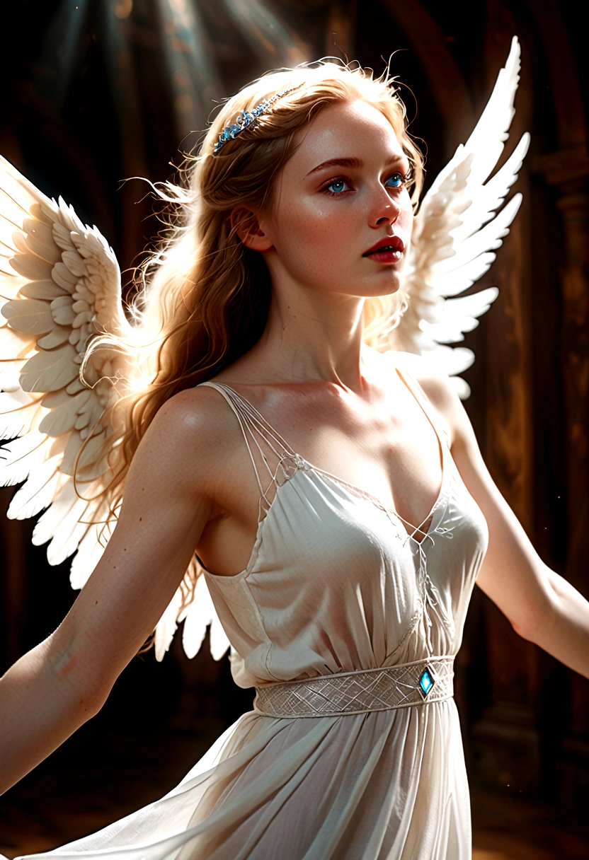 A woman with pale skin and blue eyes and an angelic face dances with a dreamy expression, as if she is dreaming. Camera angle that captures the upper body above the hips, clear resolution, cinematic lighting, clear picture quality, realistic atmosphere, bright theme, surreal atmosphere,