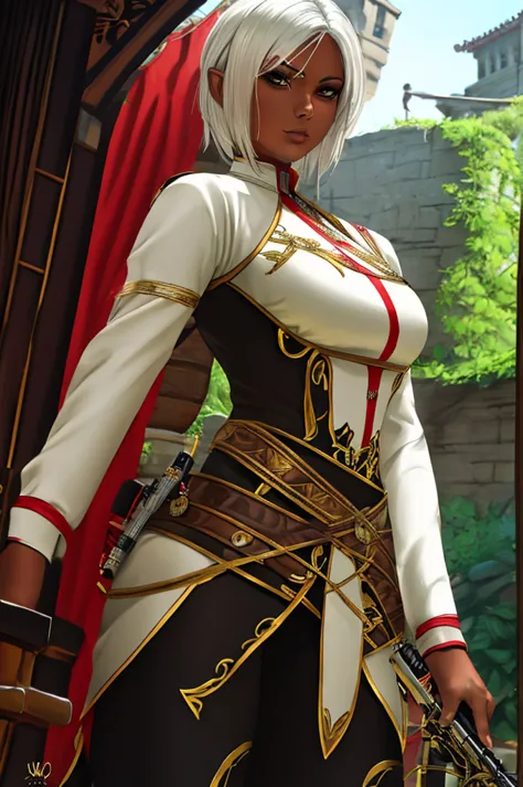 Mature woman, short white hair, red skinned, elf, assassin outfit