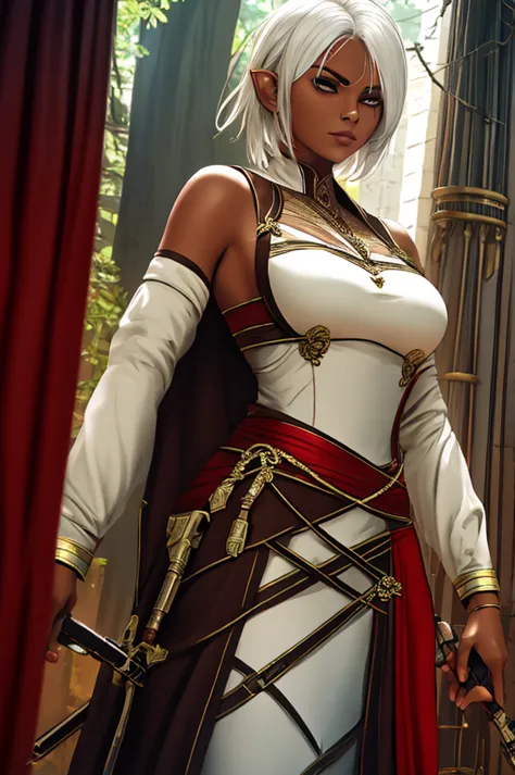 Mature woman, short white hair, red skinned, elf, assassin outfit