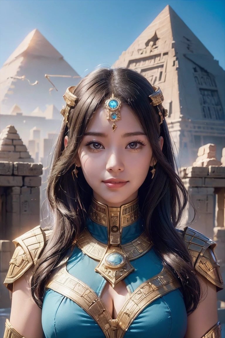 ((Highest quality、8k、masterpiece:1.3))、Photorealistic, Sharp focus, high resolution, High resolution, Portraiture, one person, woman, beautiful woman, sexly、Egyptian woman warrior walking in ancient egypt、Complex technology, Pyramids and ancient Egyptian cities far away、cyber-、Light and shadow、Cyan Light、