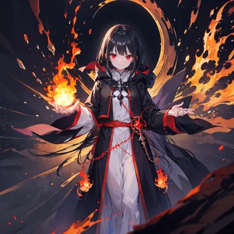 (((((execution)))))　((((witch))))　(((wand of flame　grimoire)))　((black hair　witchの帽子　red eyes　smile　looking down))　((explosion　f...